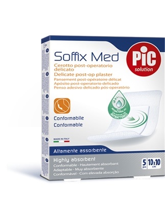 CEROTTO PIC SOFFIX MED IN TNT CON TAMPONE CENTRALE ASSORBENTE STERILE MONOUSO 10X10 CM ANTIBATTERICO 5 PEZZI - Newepa Srl