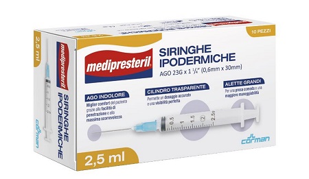 SIRINGA IPODERMICA MEDIPRESTERIL AGO 23 GAUGE 1 1/4 0,6X30MM 2,5 ML 10 PEZZI - Newepa Srl