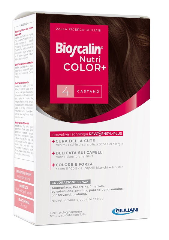 BIOSCALIN NUTRICOLOR PLUS 4 CASTANO CREMA COLORANTE 40 ML + RIVELATORE CREMA 60 ML + SHAMPOO 12 ML + TRATTAMENTO FINALE BALSAMO 12 ML - Newepa Srl