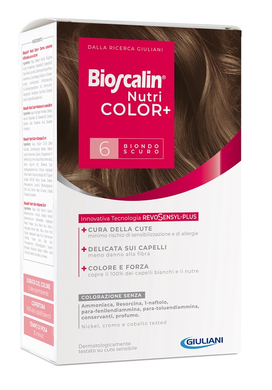 BIOSCALIN NUTRICOLOR PLUS 6 BIONDO SCURO CREMA COLORANTE 40 ML + RIVELATORE CREMA 60 ML + SHAMPOO 12 ML + TRATTAMENTO FINALE BALSAMO 12 ML - Newepa Srl